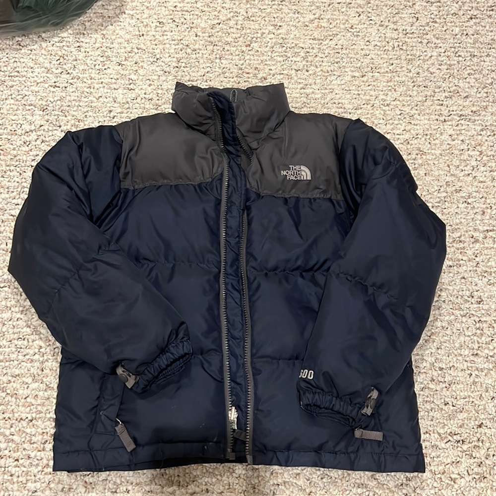 North Face goose down puffer jacket navy and gray boys medium